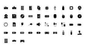 【电子消费品】PPT小图标-键盘-U盘-鼠标-遥控器-游戏手柄-唱片-电子器-音响-摄像头-插头-矢量Icon素材