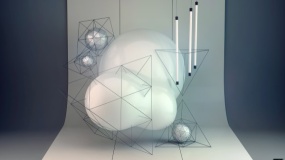 一张三维立体的圆球体与柱形体结合的几何抽象图片