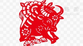 红色牛年剪纸图案PNG格式