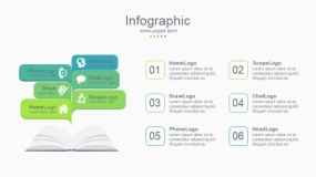 蓝绿色书本与对话框PPT图表下载(200)